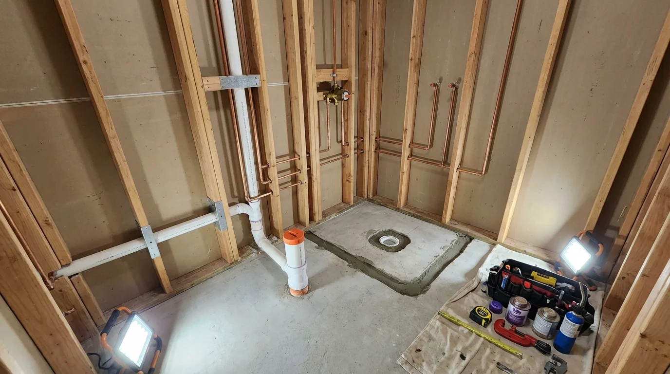 Bathroom rough-in plumbing during remodel by Johns Plumbing LLC in New Haven