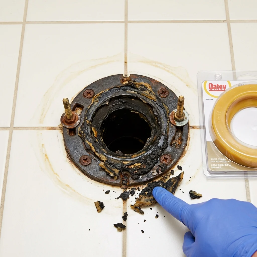 Failed wax ring showing water seepage at the base of a toilet in a New Haven, IN home