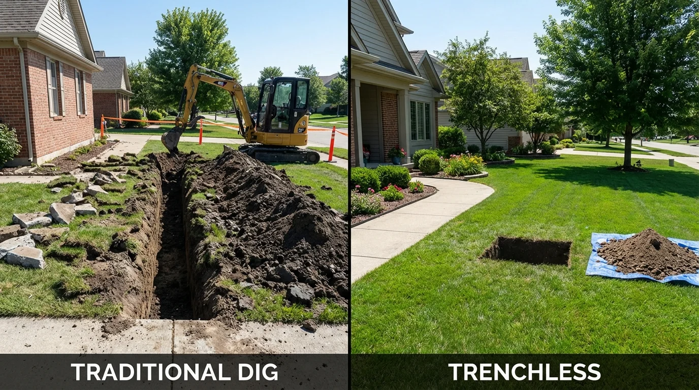 Trenchless sewer repair with minimal yard damage versus traditional excavation in New Haven, IN