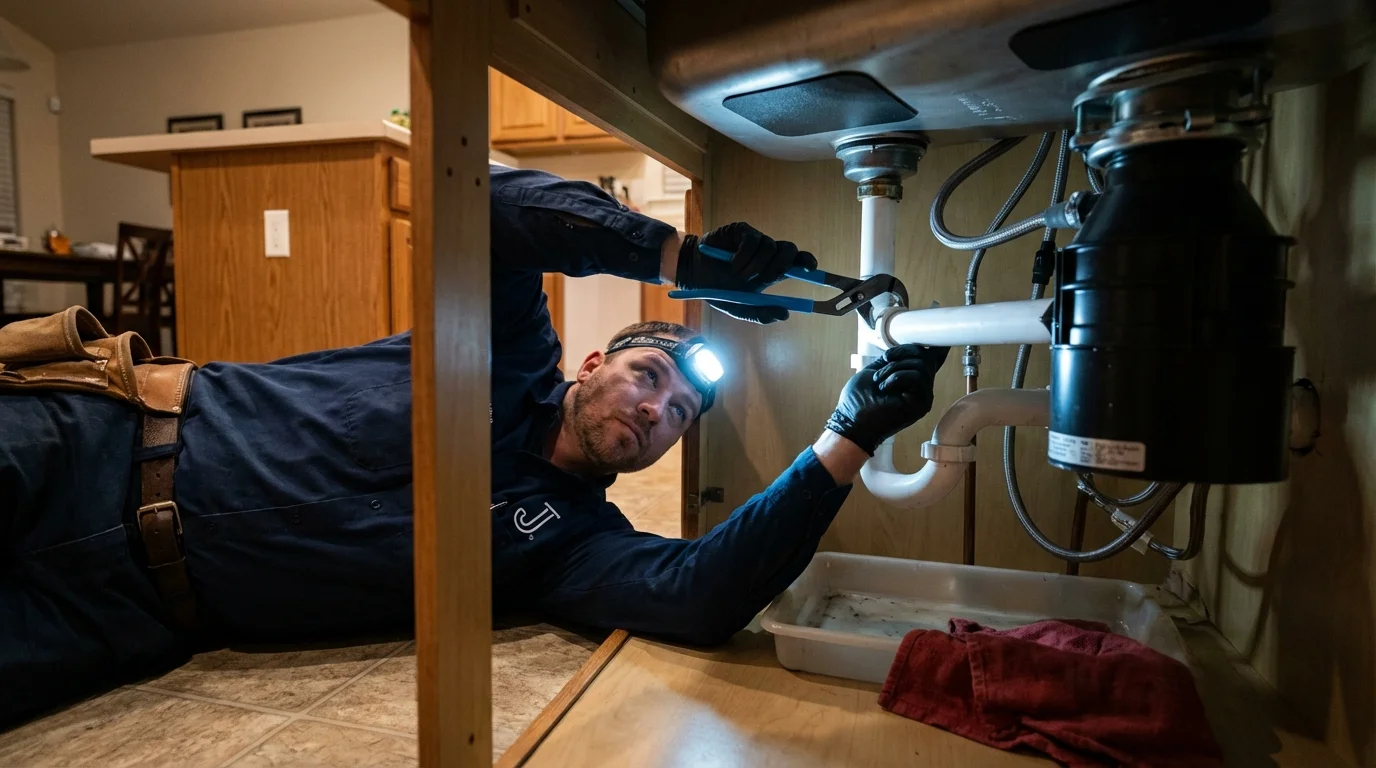 P-trap and supply line connections under a kitchen sink showing a common leak point in New Haven, IN